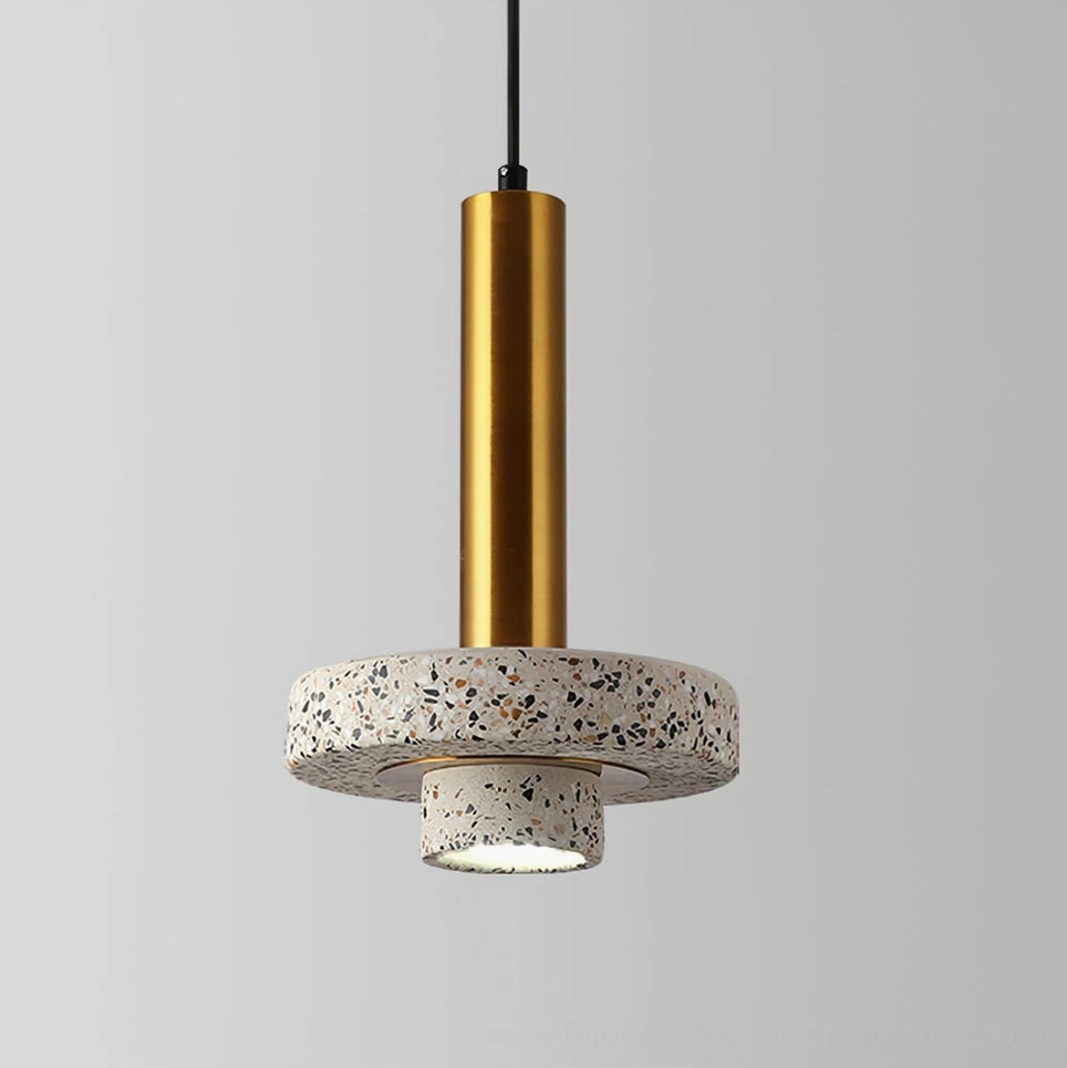 White terrazzo Ambra pendant lamp with gold metal finish and suspension hardware