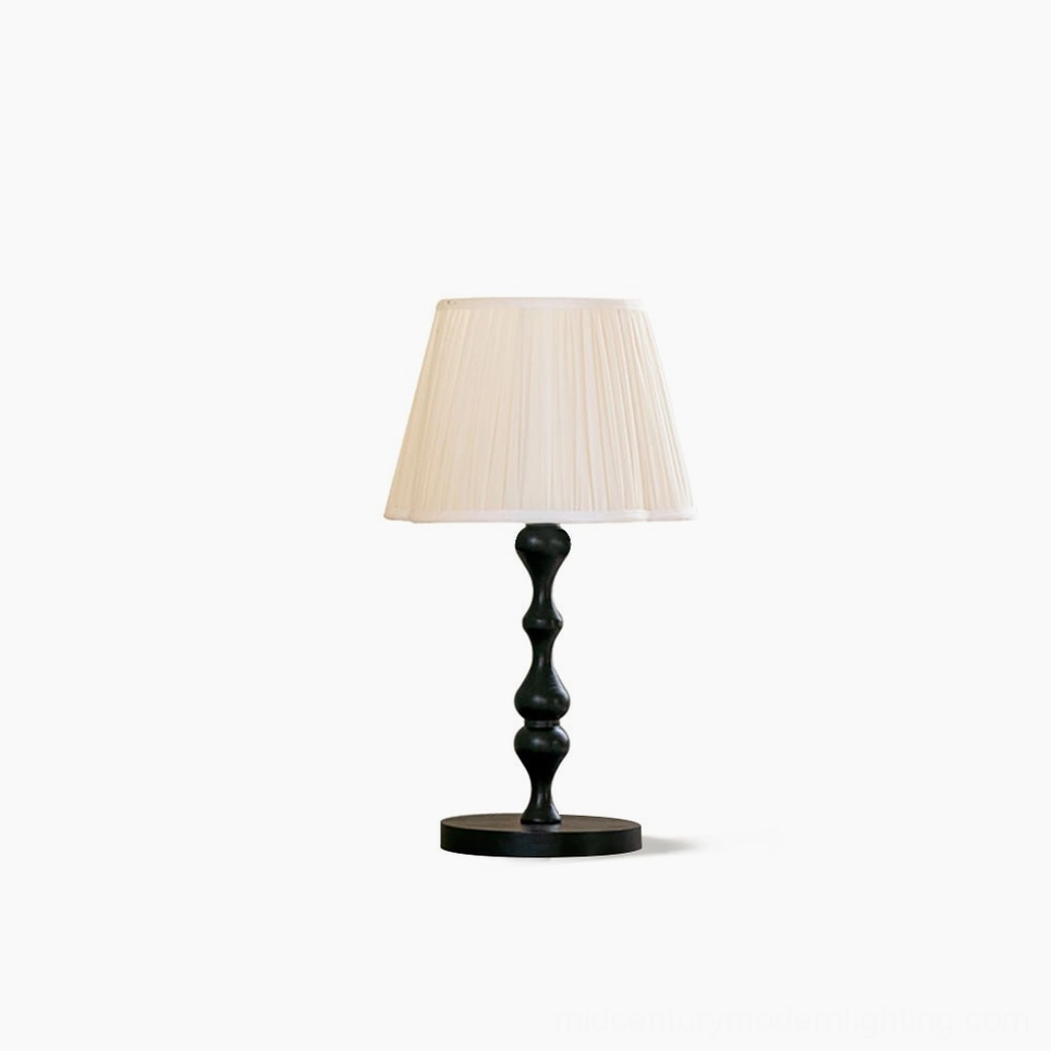 Ambrosia mid-century modern table lamp with pleated fabric shade, dark wooden turned base, product detail shot