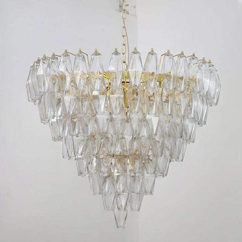 Clear and gold Ametista geometric glass chandelier showing unlit sculptural form highlighting transparent prismatic glass structure