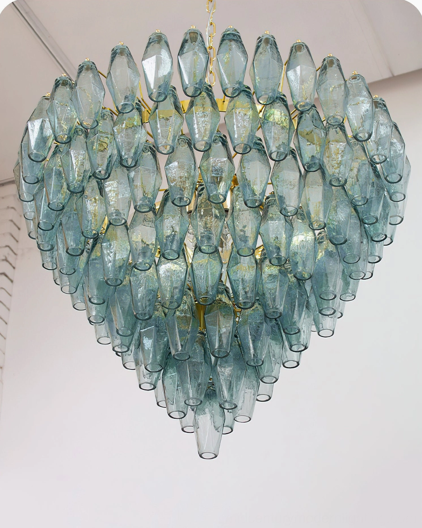 Full front view of Ametista geometric glass chandelier showing complete inverted pyramid silhouette and polyhedral glass structure