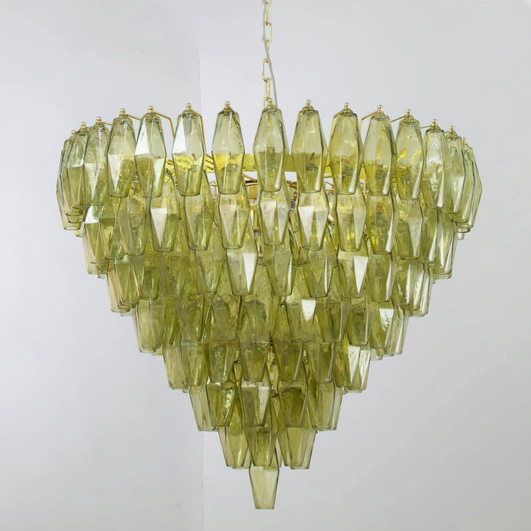 Green and gold Ametista glass chandelier detail view showing layered emerald-toned glass prisms and polyhedral arrangement