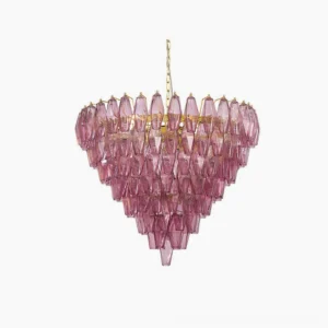Ametista geometric glass chandelier overhead studio view showing purple-pink prismatic glass tiles with gold metal framework and inverted pyramid structure