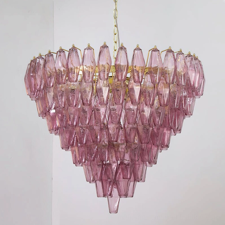 Purple and gold variant of Ametista geometric glass chandelier displaying amethyst-colored polyhedral glass tiles with brass framework