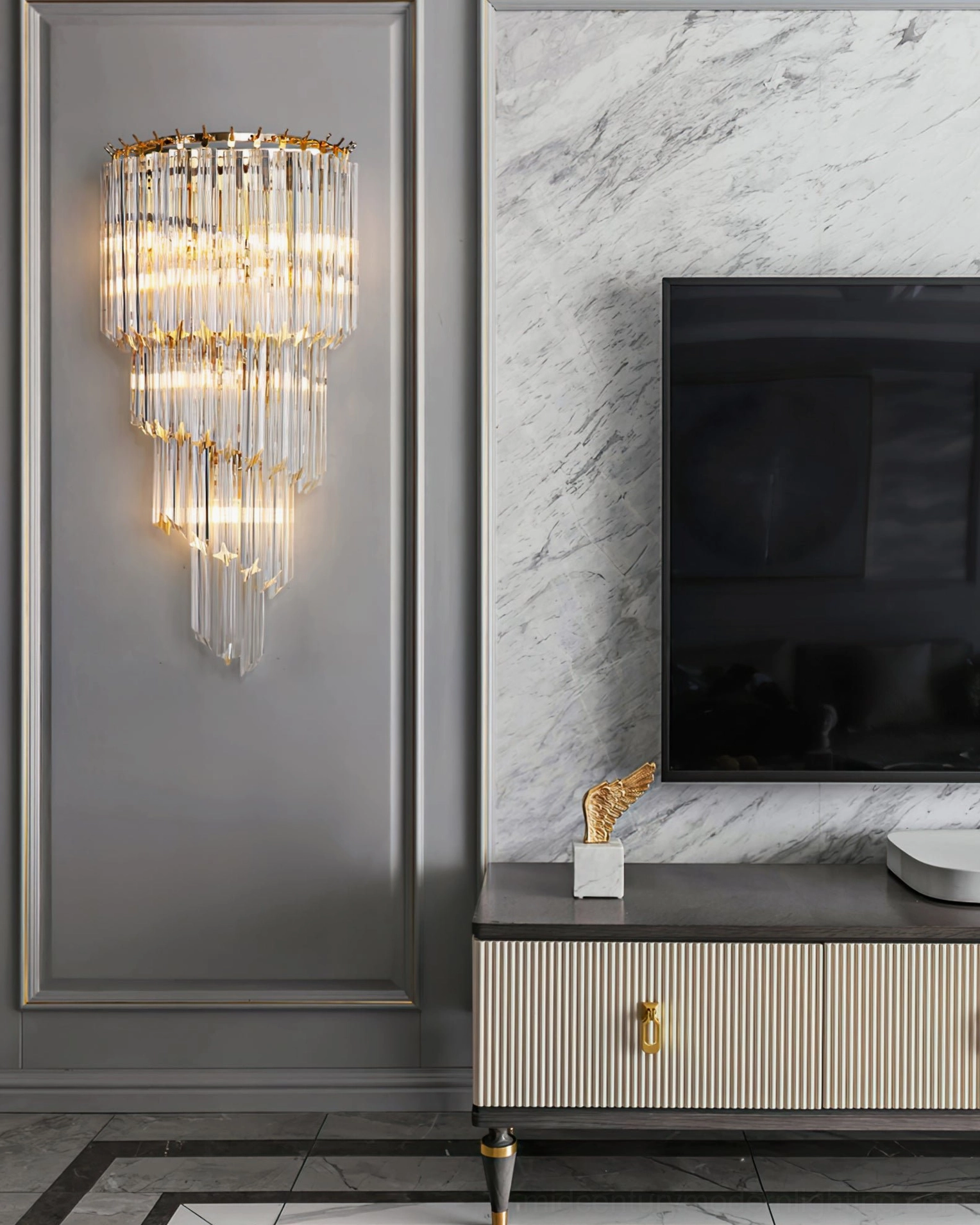 Bedside Amici crystal sconce flanking modern headboard, intimate bedroom ambient lighting