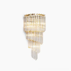Amici crystal wall sconce in gold finish with tiered cascading crystal elements, direct front view on white background