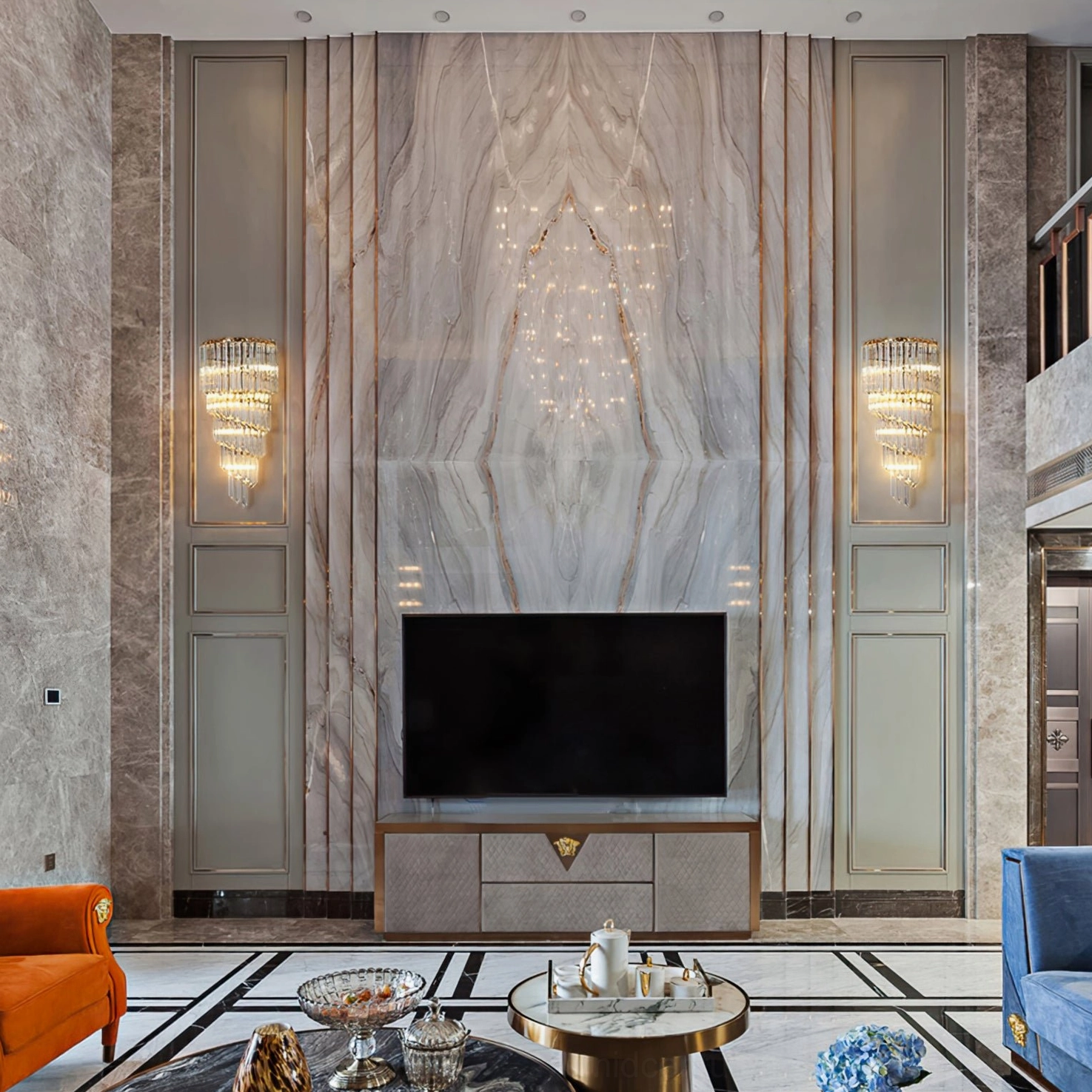 Entryway Amici crystal sconce beside console table, welcoming statement light design