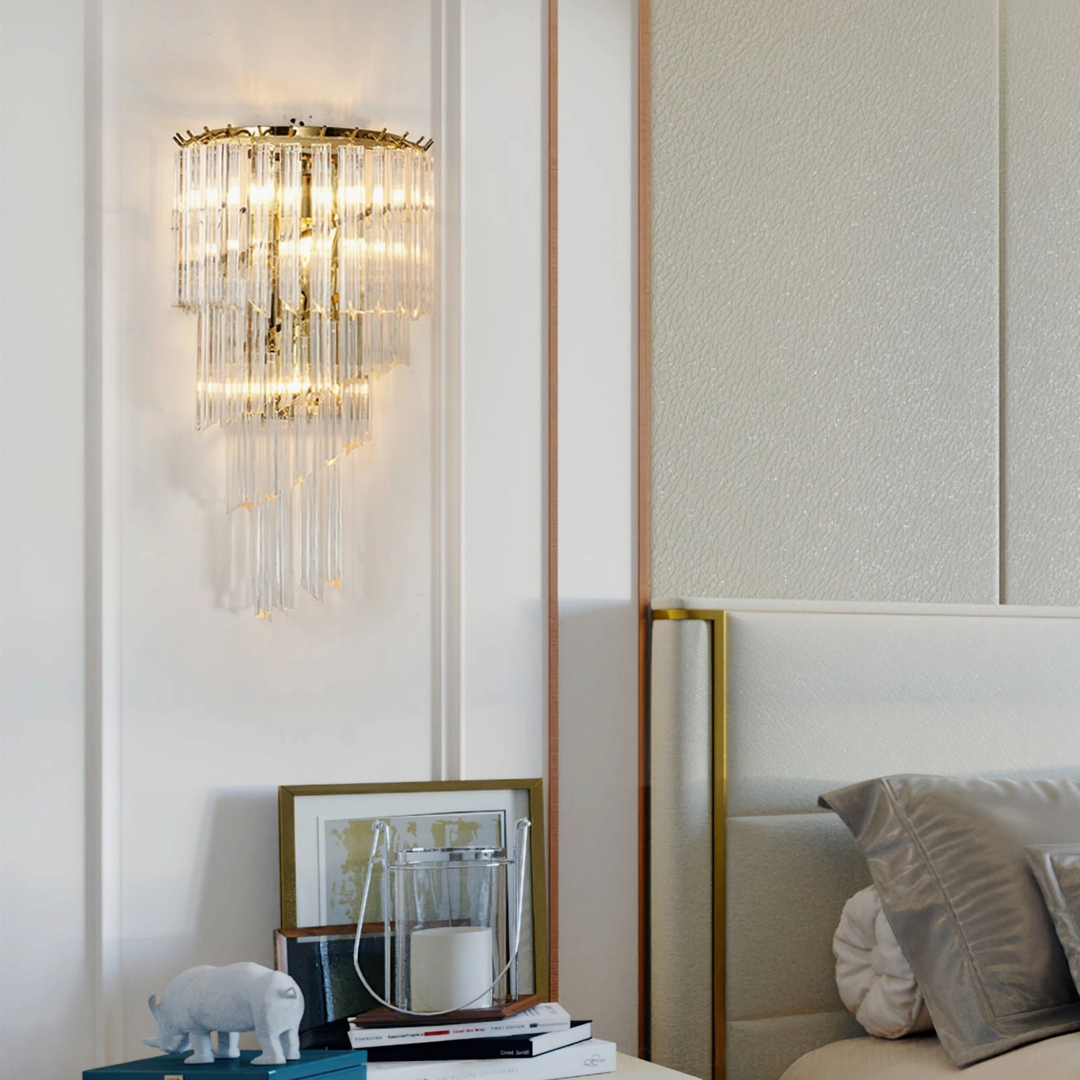 Single Amici sconce as architectural focal point on feature wall, sculptural light fixture accent