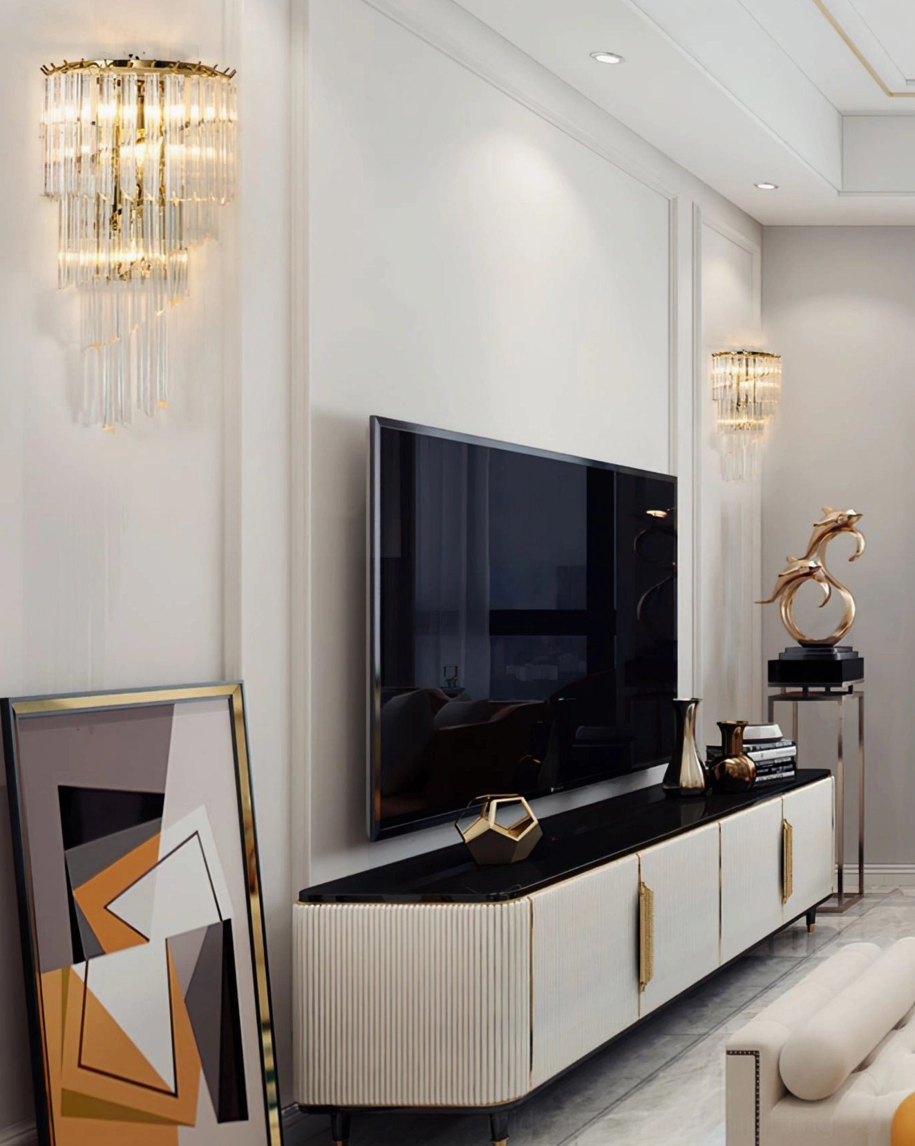 Crystal wall sconce installed in hallway gallery setting, multiple fixtures creating procession of light