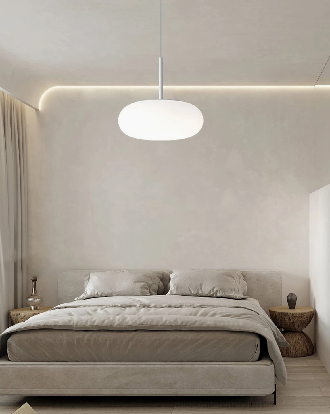 Amor pendant lamp providing soft ambient lighting in modern neutral bedroom, creating cozy sleeping environment