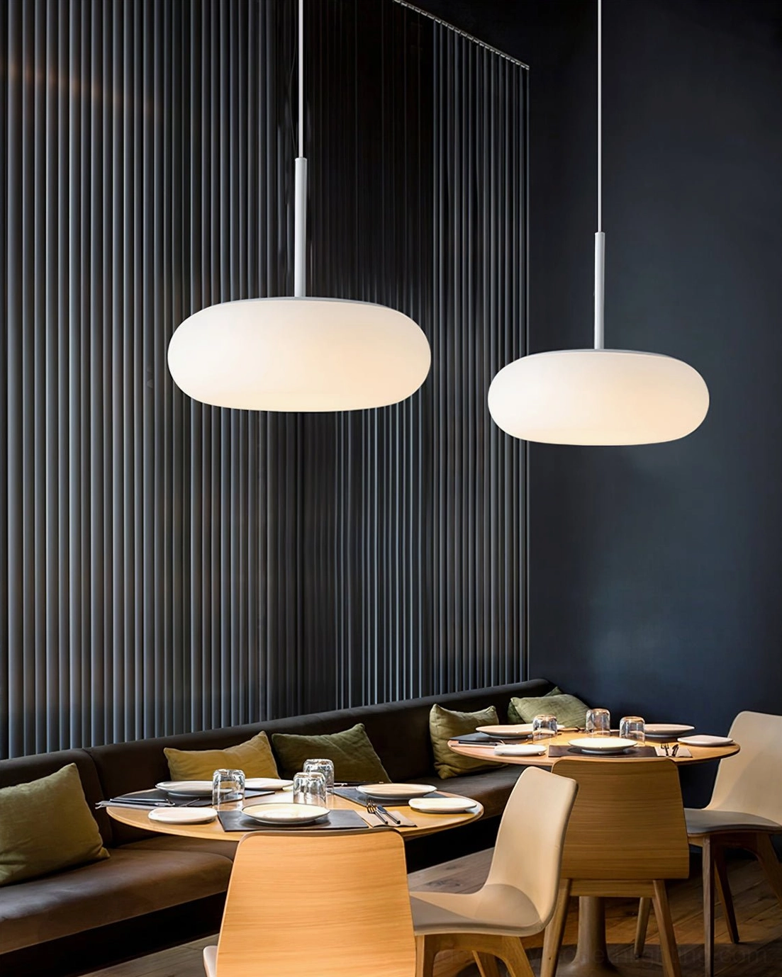 Amor white minimalist pendant lamp design detail showing frosted glass diffuser and metal suspension rod construction