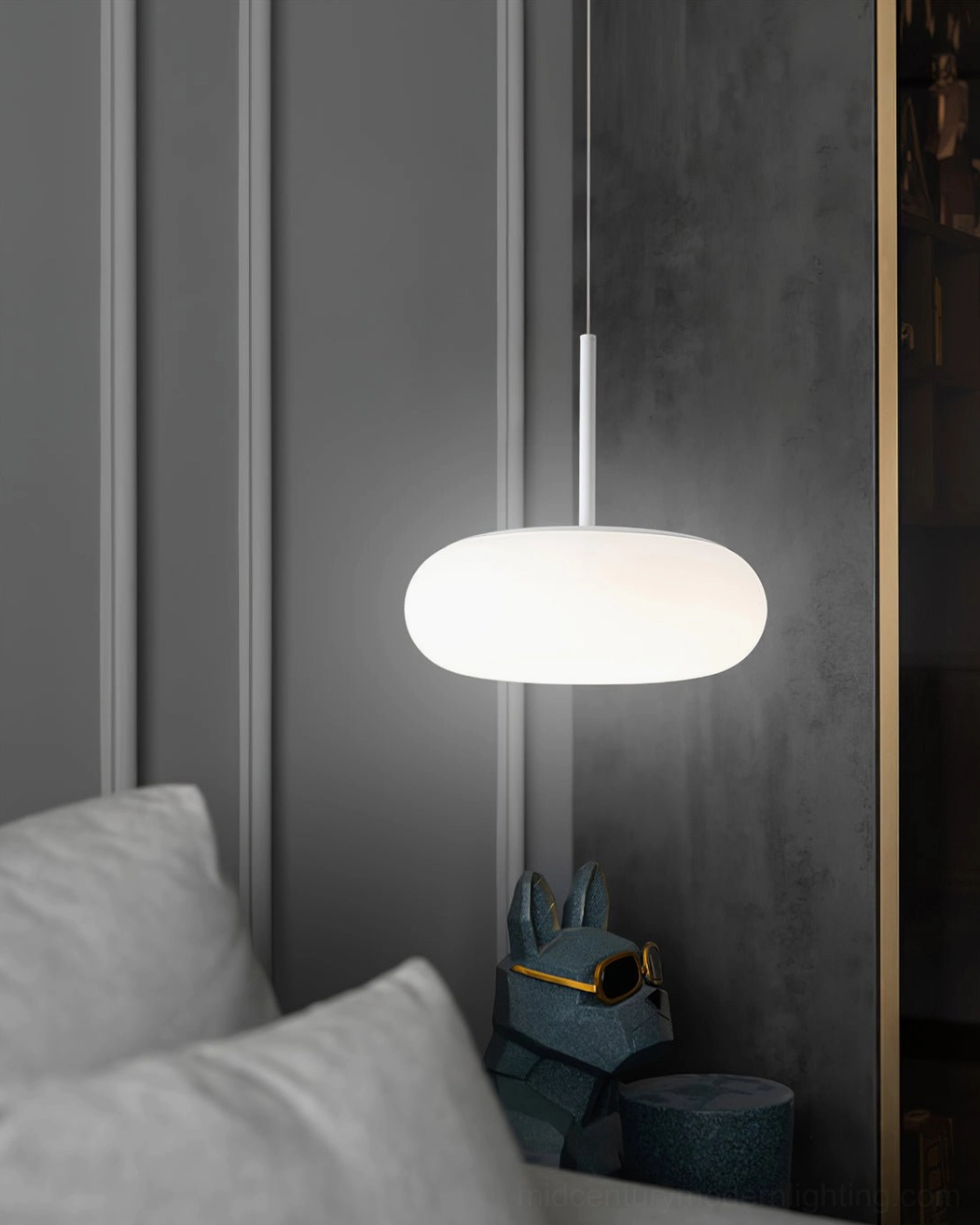 Amor minimalist white pendant lamp with energy-efficient integrated LED and universal voltage compatibility