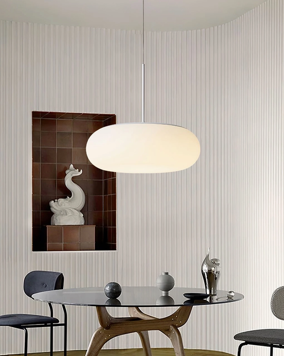 Amor white pendant lamp diameter and height specifications showing proportional design scaling