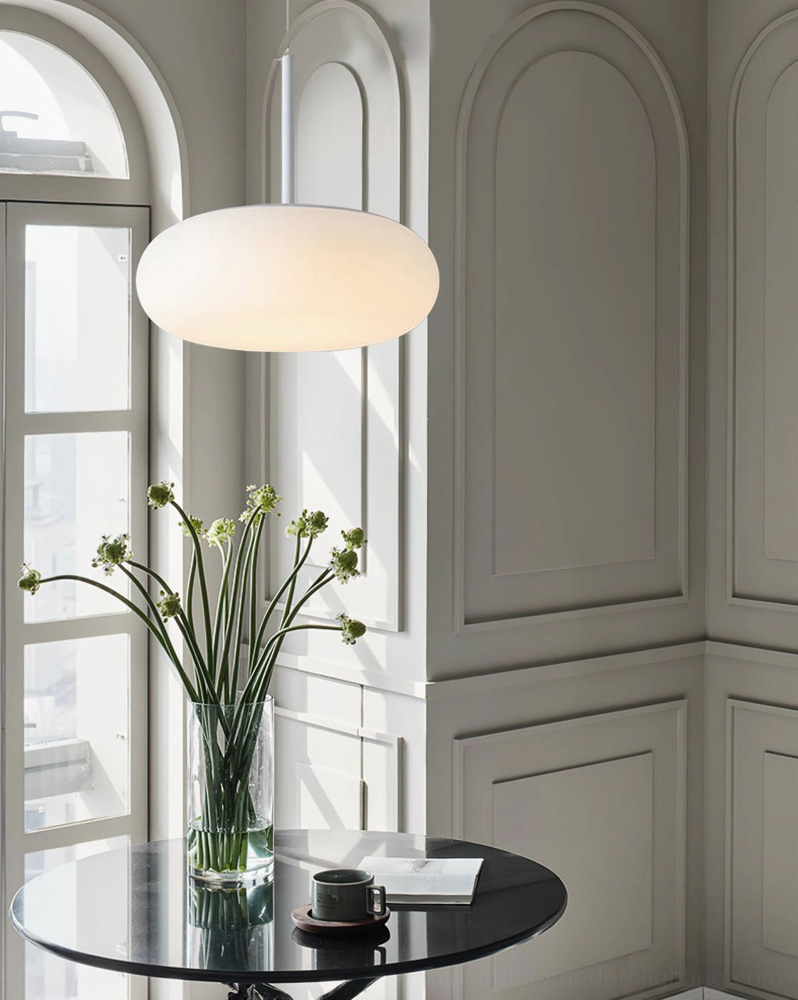 Amor white oval pendant lamp mid-century modern Scandinavian design fixture with integrated LED technology