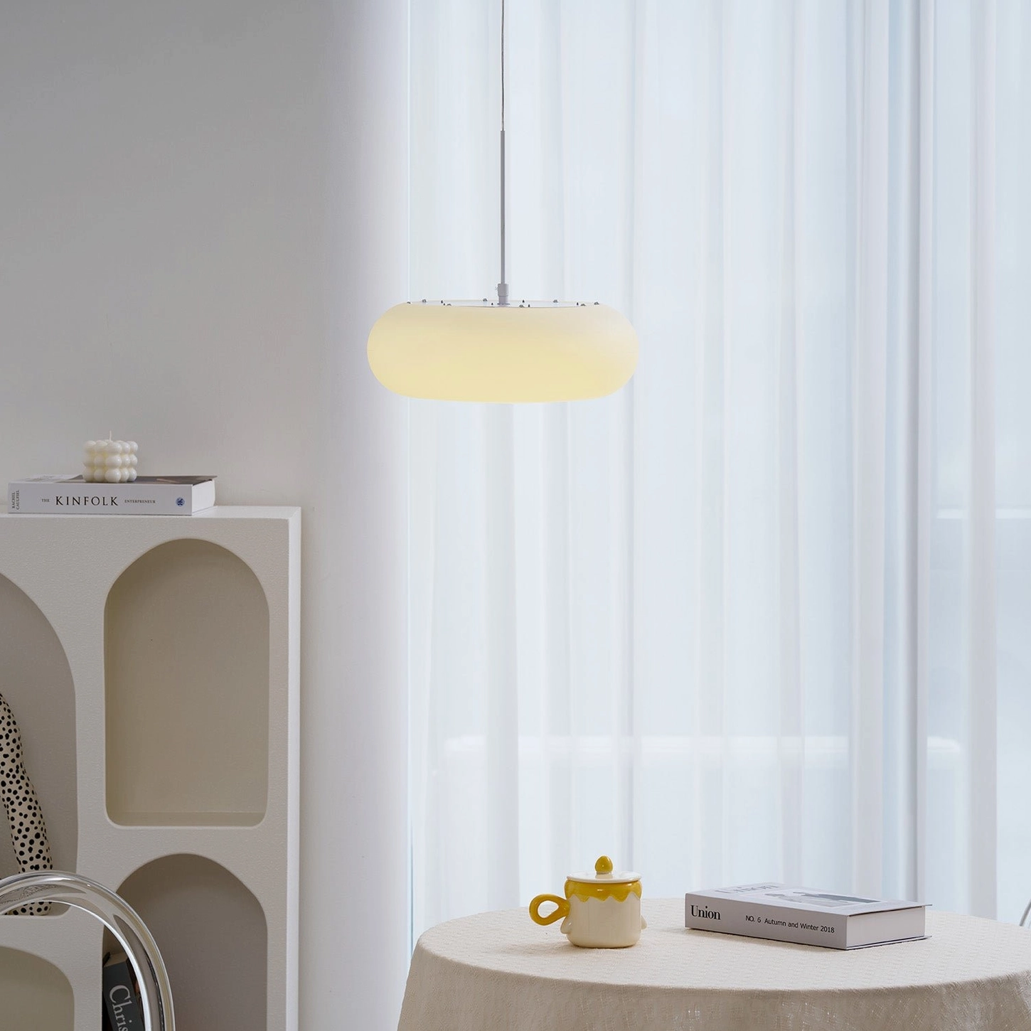 Amor white pendant lamp with integrated LED technology, modern minimalist ceiling fixture design