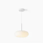 Amor white minimalist oval pendant lamp on clean white background, front view showcasing frosted glass diffuser and metal suspension