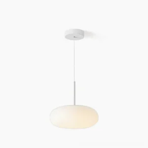Amor white minimalist oval pendant lamp on clean white background, front view showcasing frosted glass diffuser and metal suspension