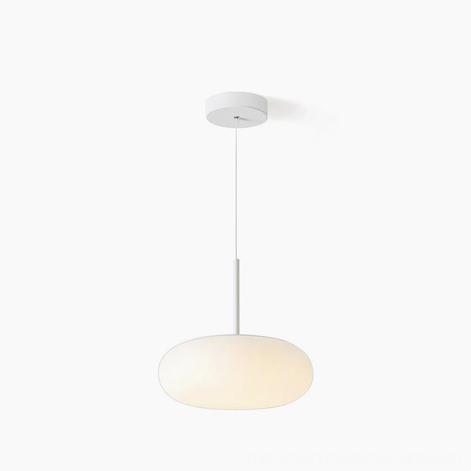 Amor white minimalist oval pendant lamp on clean white background, front view showcasing frosted glass diffuser and metal suspension