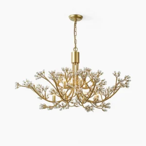 Anais floral crystal chandelier with 12 branches and precision-cut crystal buds, hand-brushed brass finish, overhead front view on white background