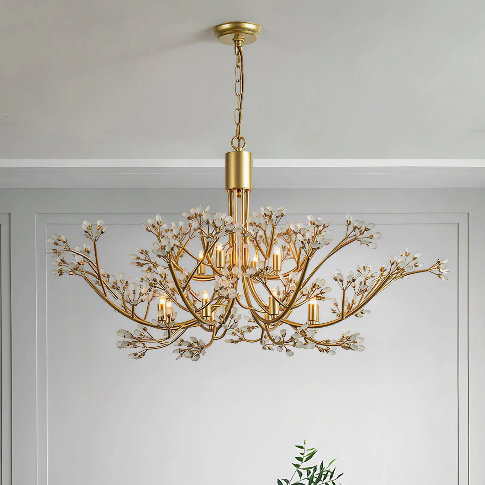 Anais crystal chandelier in minimalist interior space, emphasizing sculptural branch form and crystal detail