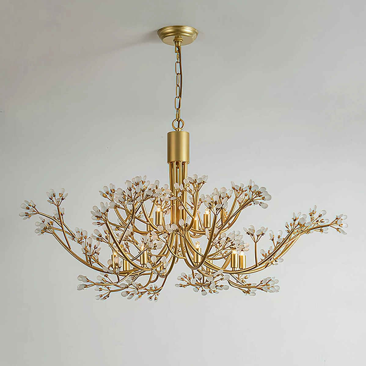 Anais crystal chandelier luxury lighting fixture on white wall background, showing full 12-head configuration