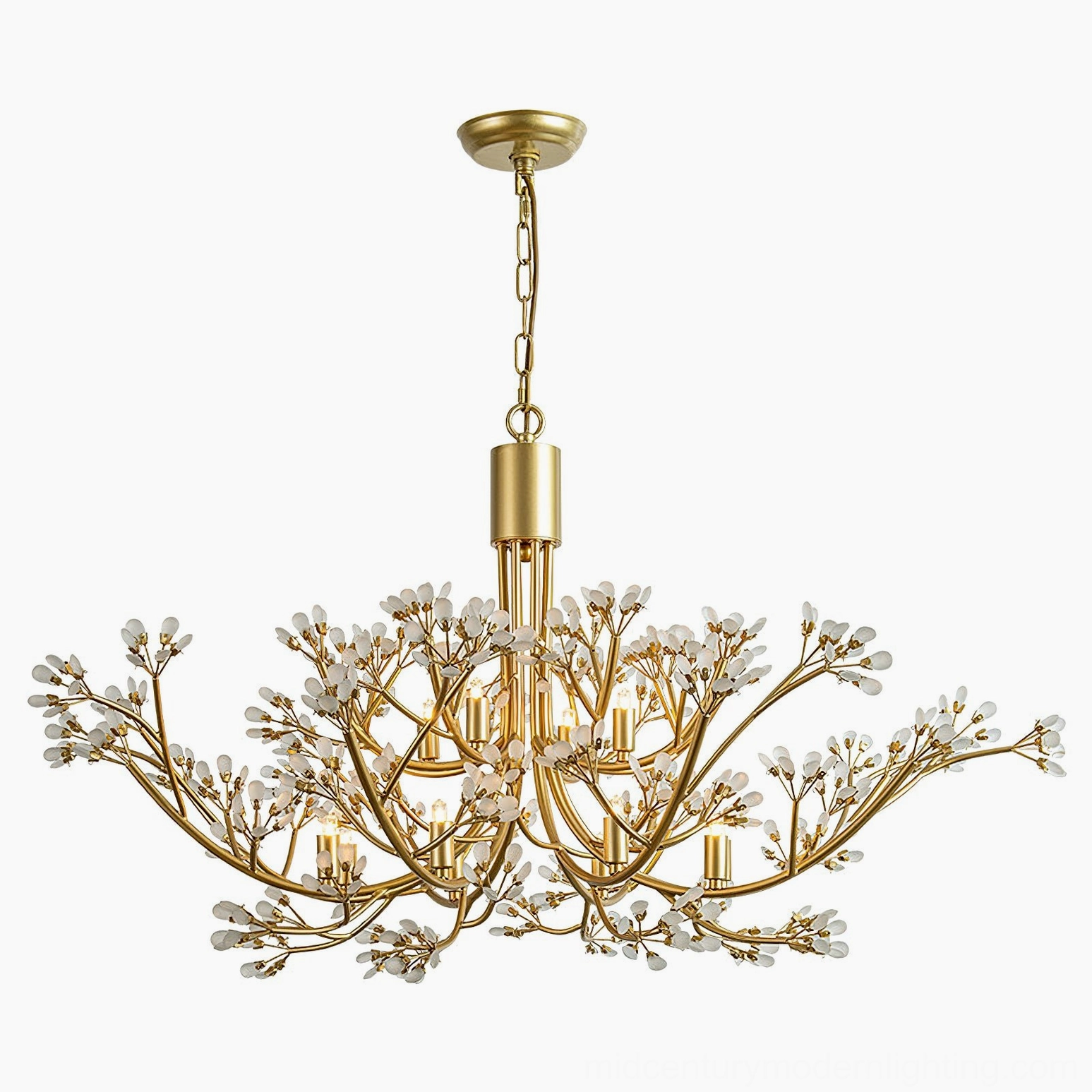 Anais mid-century modern crystal chandelier showcasing hand-brushed brass branches and elegant crystal articulation