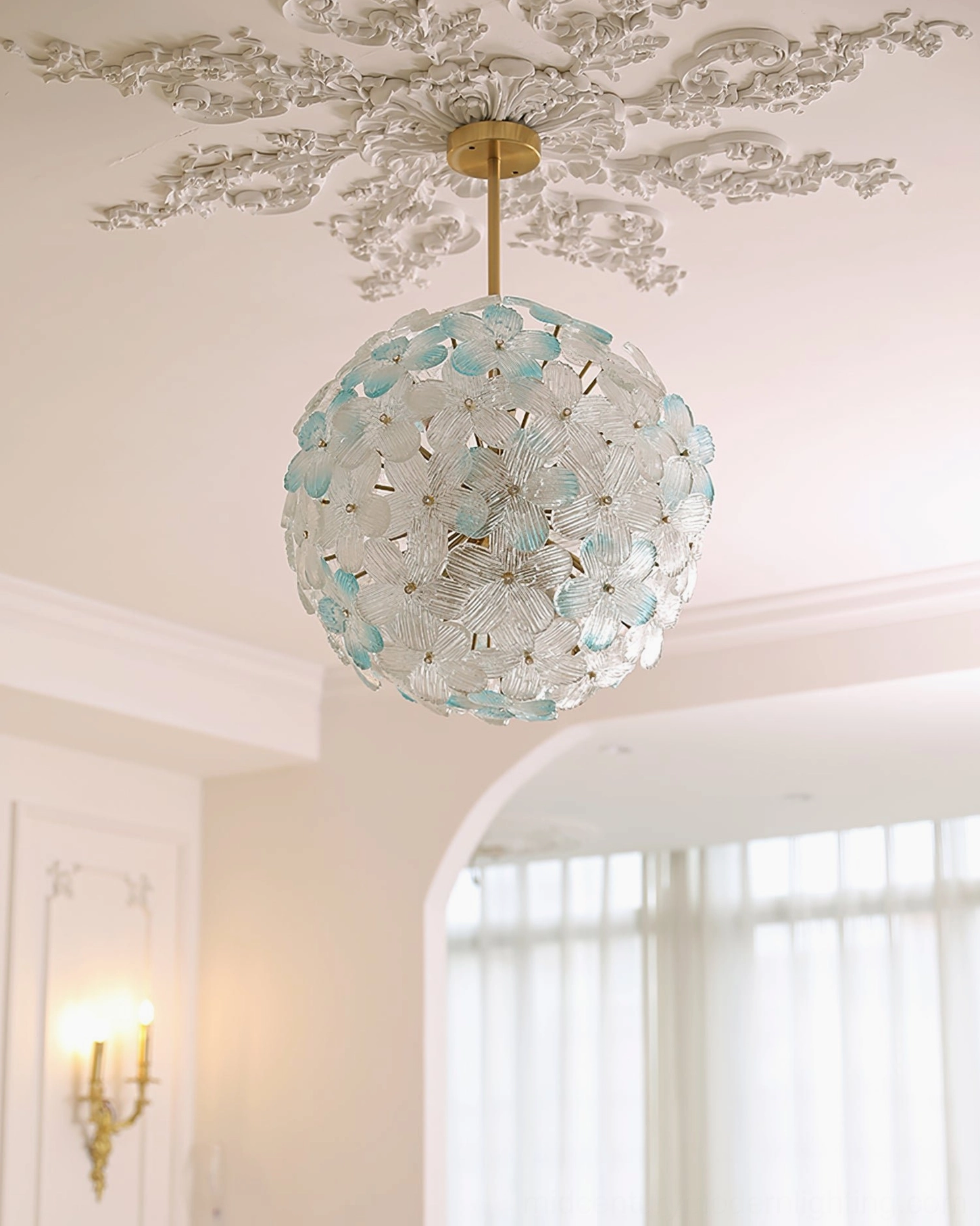Anan Floral Pendant Lamp blue gradient version, low downward ceiling view, cream arched doorway, ornate ceiling decor
