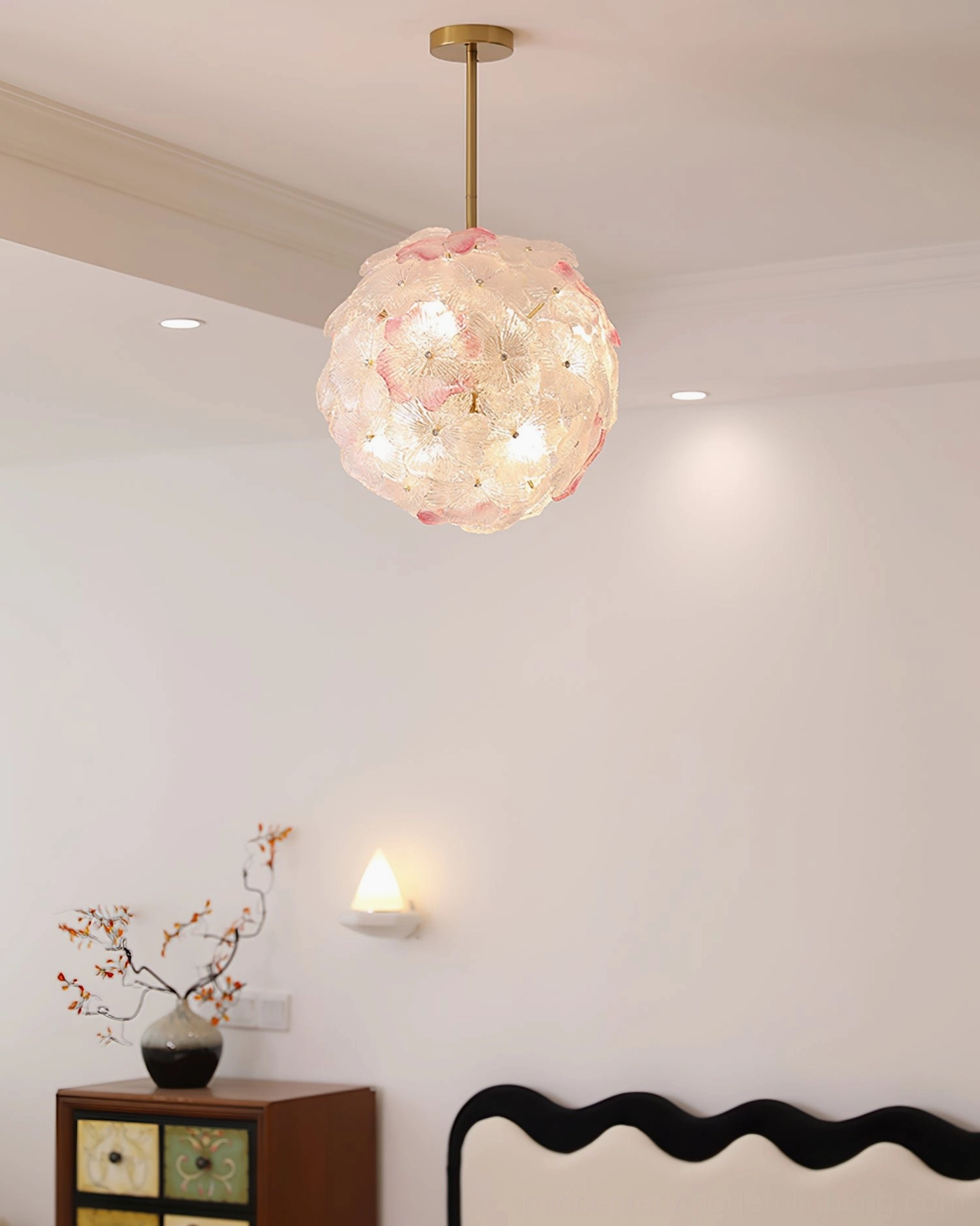 Anan Floral Pendant Lamp in bedroom setting, compact model with bedside lamp, French romantic style, warm intimate lighting