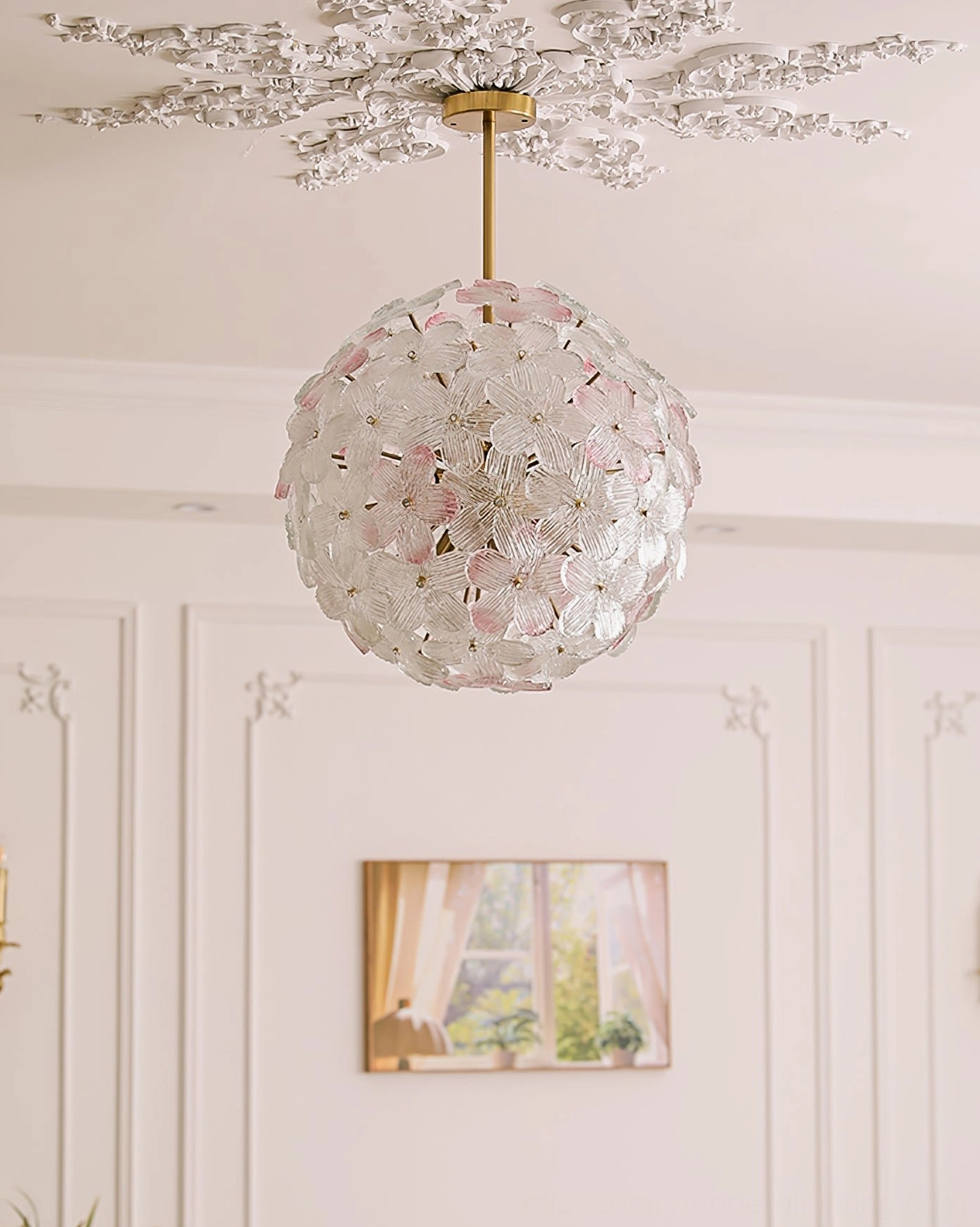 Anan Floral Chandelier ceiling mount detail, carved white ceiling ornament, pink clear glass flowers, French style room