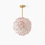 Anan Floral Pendant Chandelier in pink, direct overhead studio view showcasing hand-blown glass petal design and brass metal framework