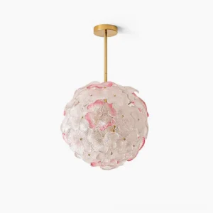 Anan Floral Pendant Chandelier in pink, direct overhead studio view showcasing hand-blown glass petal design and brass metal framework