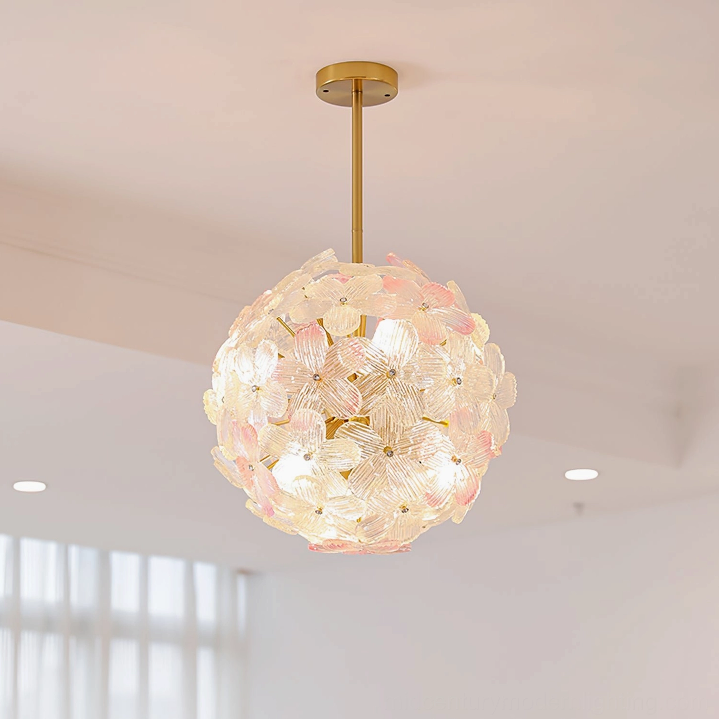 Anan Floral Pendant Lamp front view with warm glowing illumination, recessed ceiling lighting, bright modern interior setting