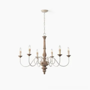 Anchor Chandelier six-head farmhouse pendant light with distressed dark wood and wrought iron arms, front studio view