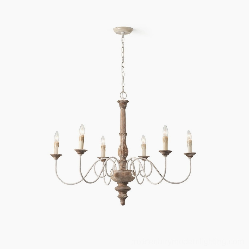 Anchor Chandelier six-head farmhouse pendant light with distressed dark wood and wrought iron arms, front studio view