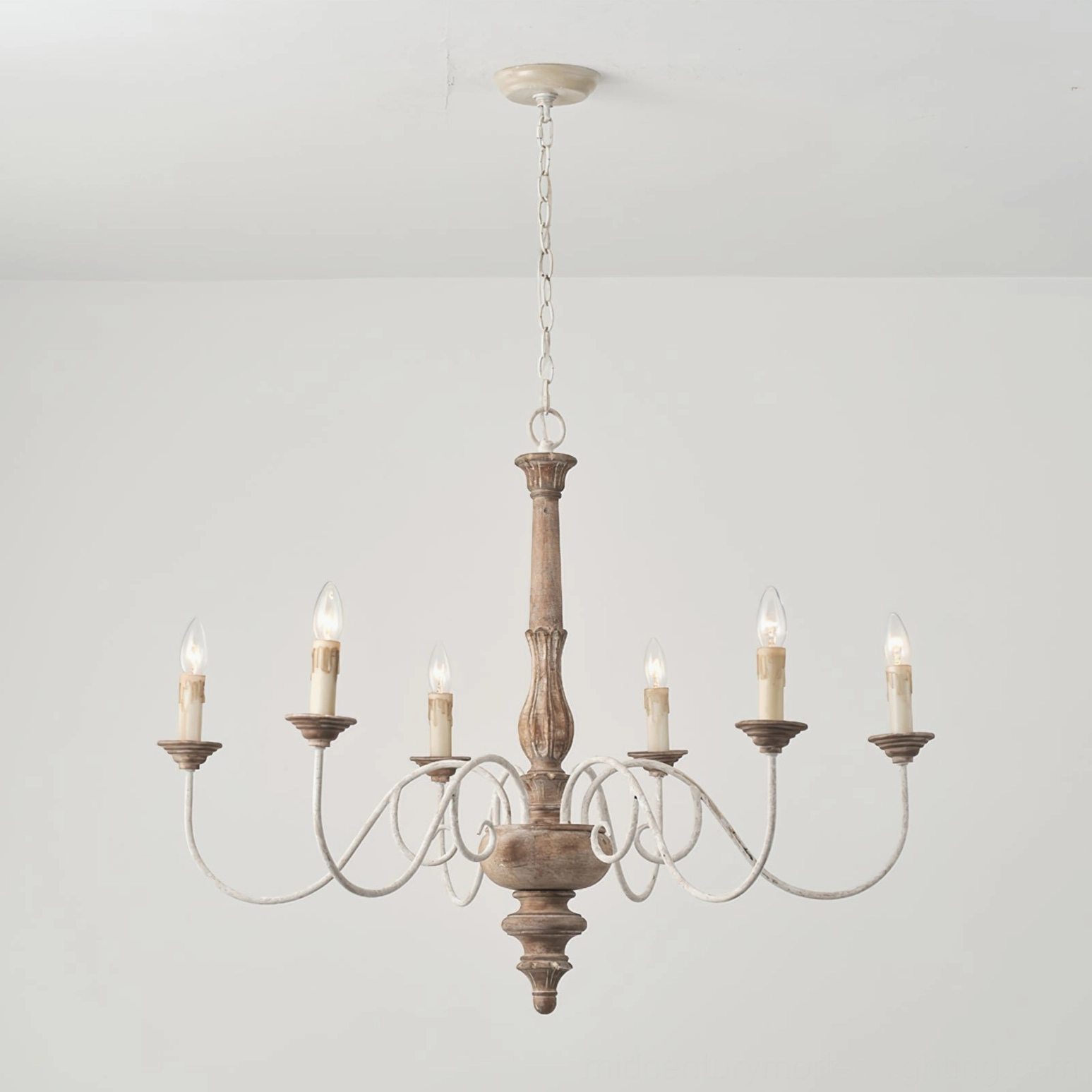 Anchor chandelier six-head light fixture with distressed wood center and dark wrought iron arms studio shot