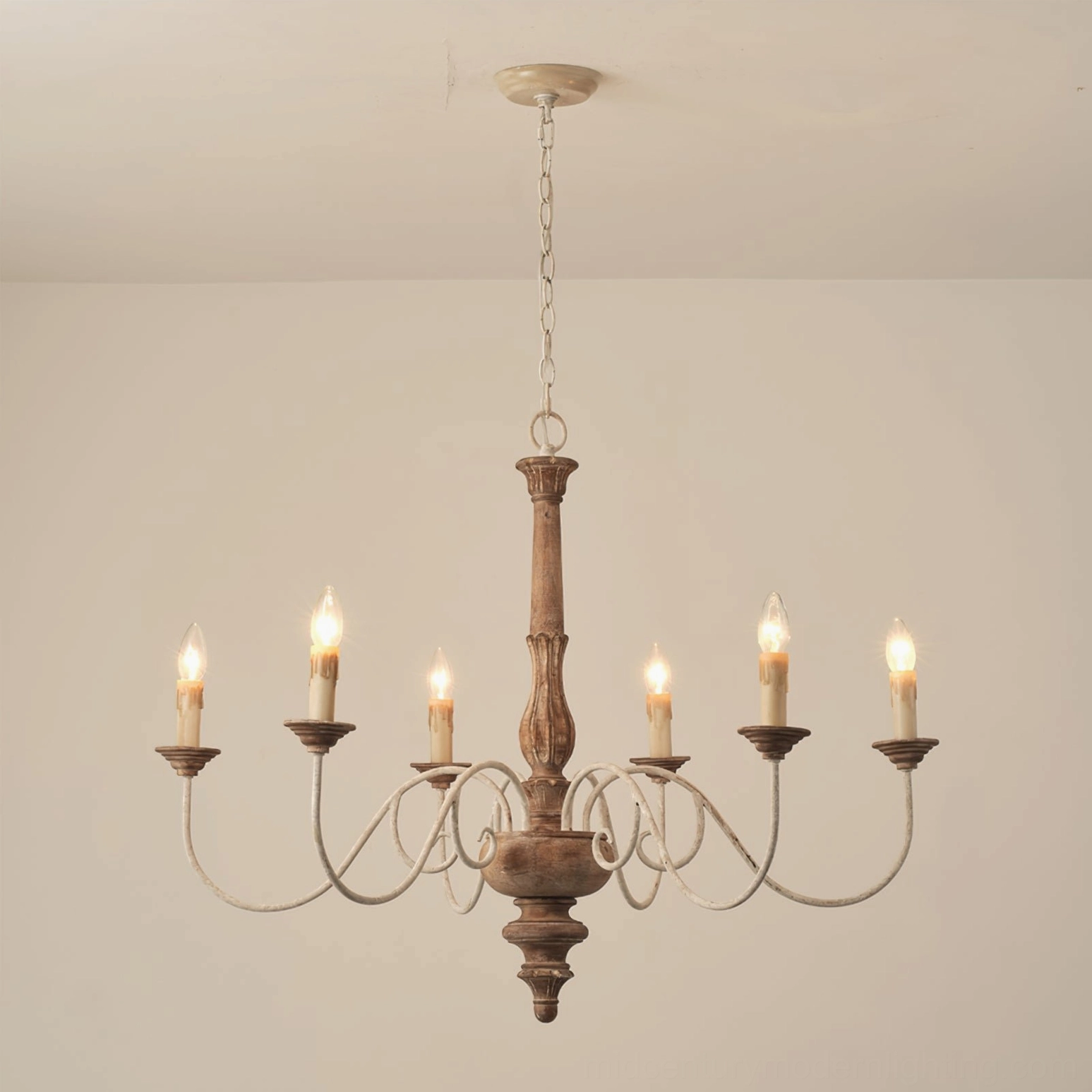 Anchor chandelier overhead perspective showing six-head light distribution pattern and coverage