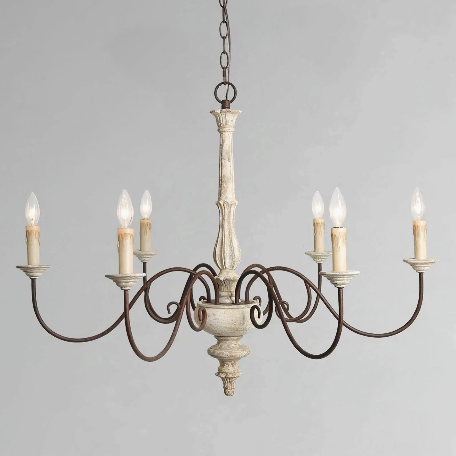 Vintage anchor chandelier with whitewashed light wood and dark brown iron arms classic country style