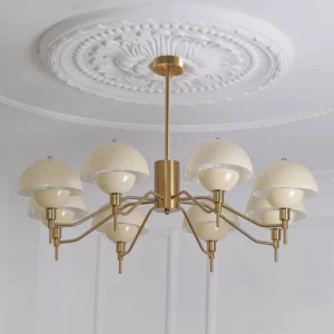 Vintage ceiling chandelier with brass frame and double-layer milk glass shades home interior