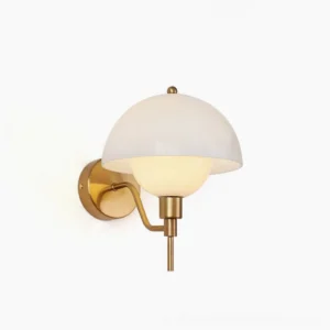 Anchored Orb mid-century modern wall lamp front view with mushroom-shaped glass shade and metal fixture in studio setting