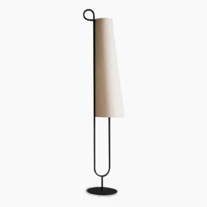 Ancora minimalist floor lamp with black metal frame and beige linen shade on white background, front view