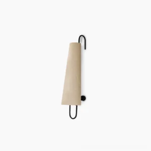 Ancora modern wall lamp with black metal bracket and beige linen cone shade on white background, showing minimalist geometric design