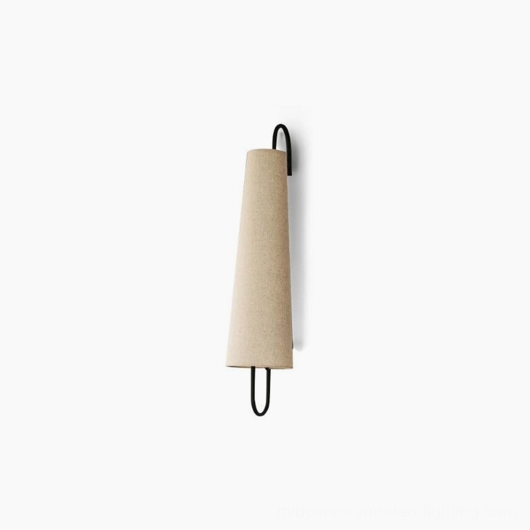 Ancora wall lamp with black and linen beige finish, showing full profile of angled cone shade and mounting bracket