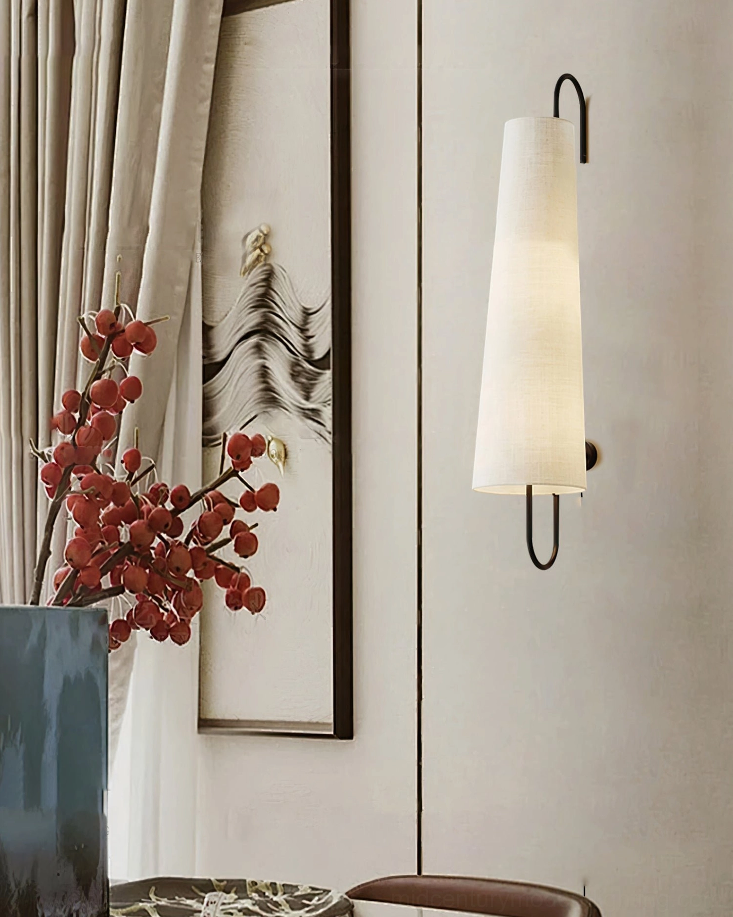 Ancora modern wall lamp detailed view showing black metal bracket construction and premium linen fabric shade texture