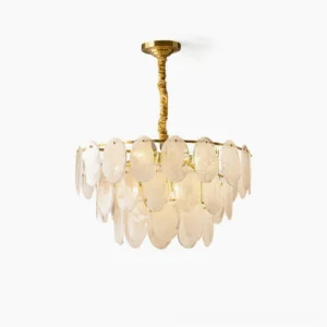 Andante glass chandelier tiered pendant light front overhead studio view polished brass frosted glass petals