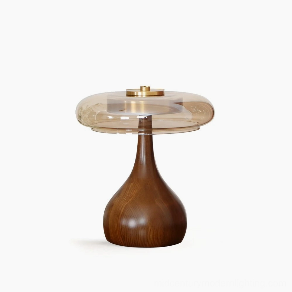 Andi Glass Table Lamp with walnut wood base, brass frame, and smoked glass shade - front studio view