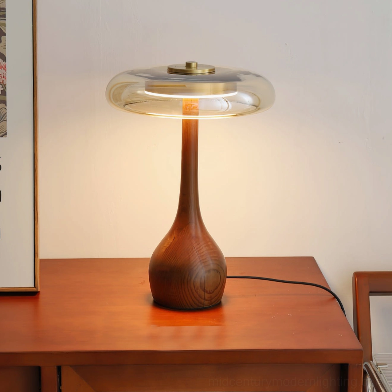 Andi table lamp in mid-century modern bedroom setting with minimalist nightstand