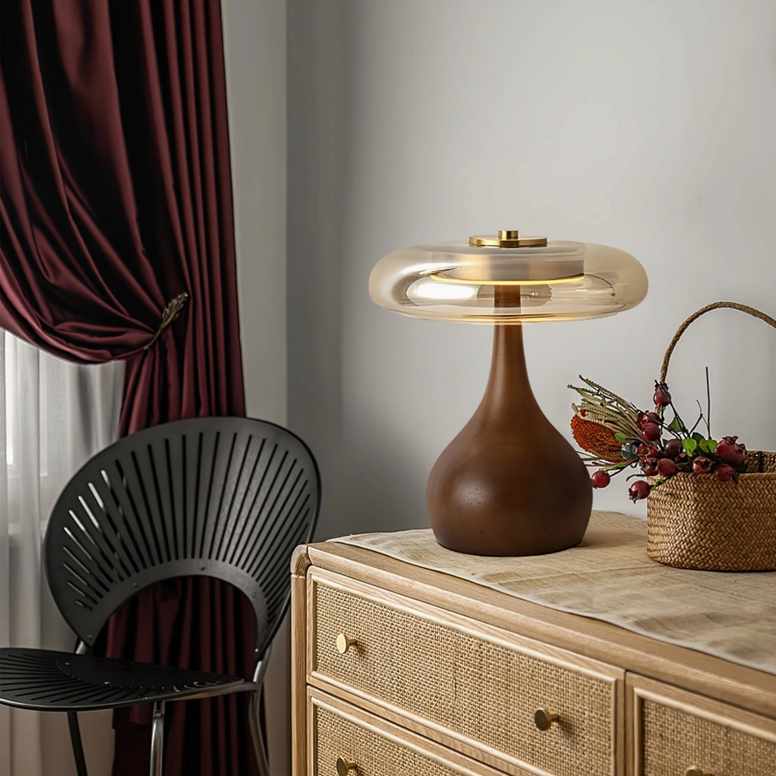 Andi Glass Table Lamp with brass hardware and smoked glass in daylight