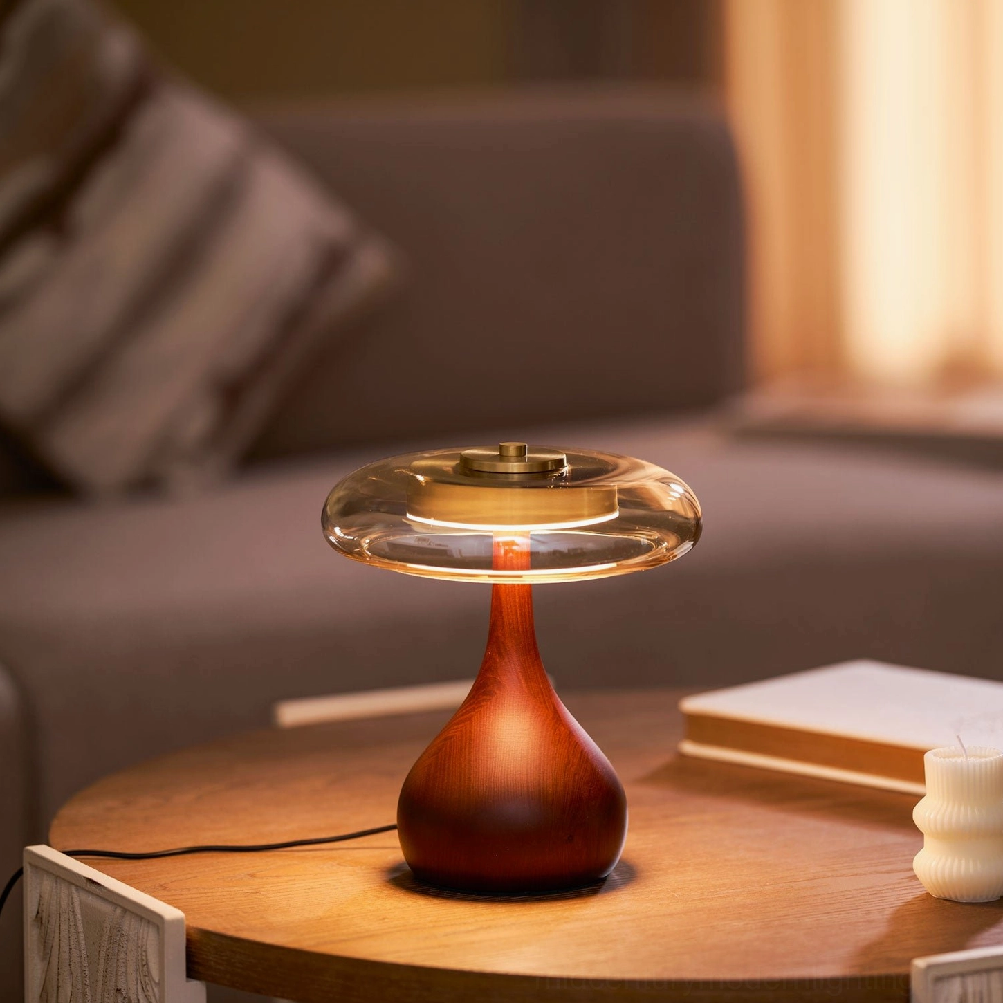 Andi Glass Table Lamp showing three color temperature options in home setting