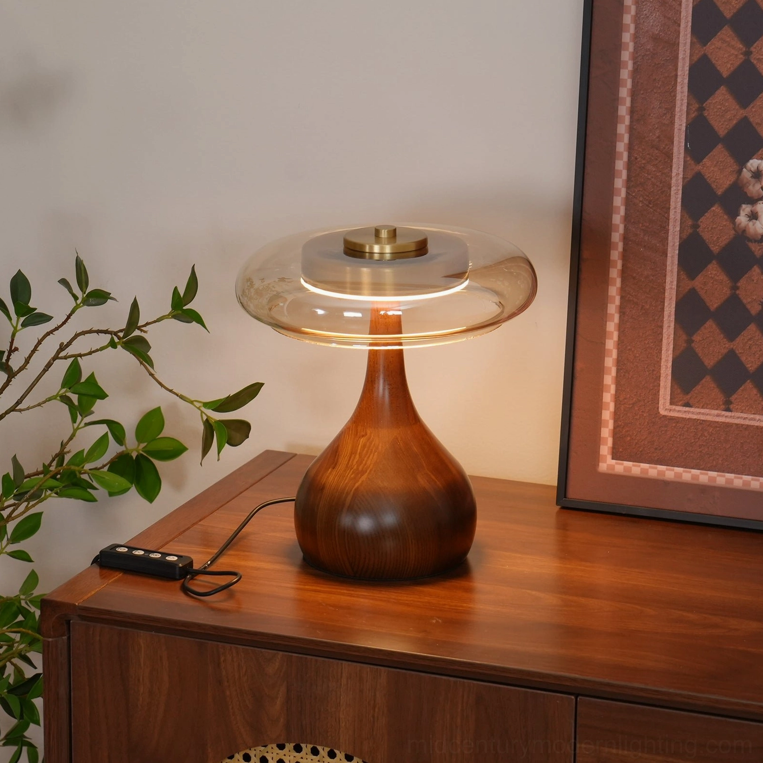 Andi Glass Table Lamp with walnut base and brass accents - detail product shot