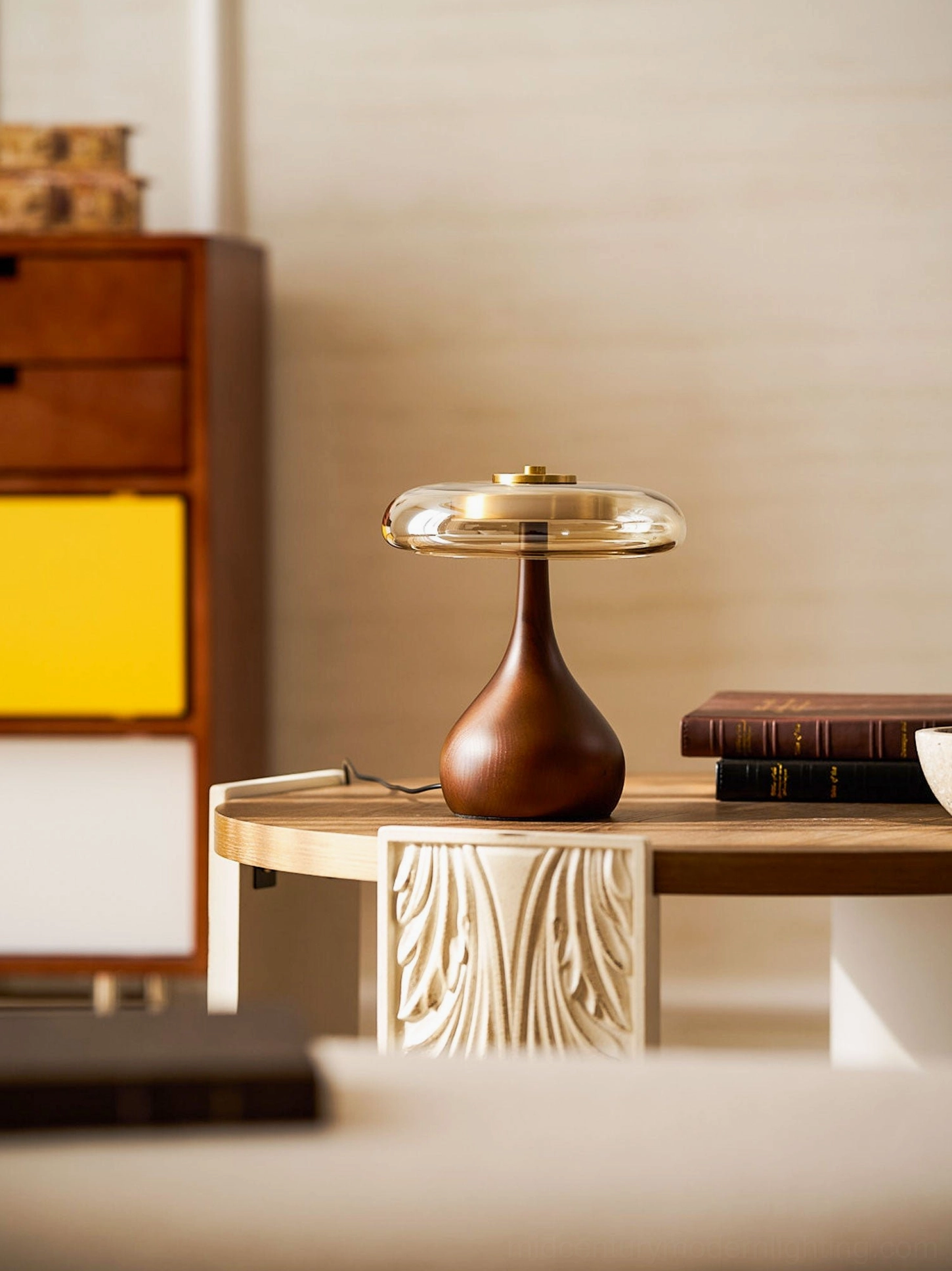 Andi Glass Table Lamp accent lighting in mid-century modern living room
