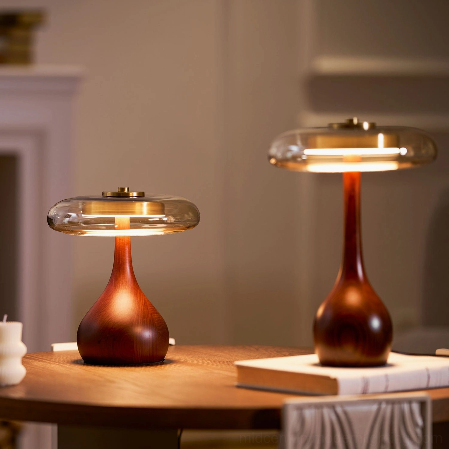 Andi table lamp accent lighting in modern bedroom with mid-century furniture